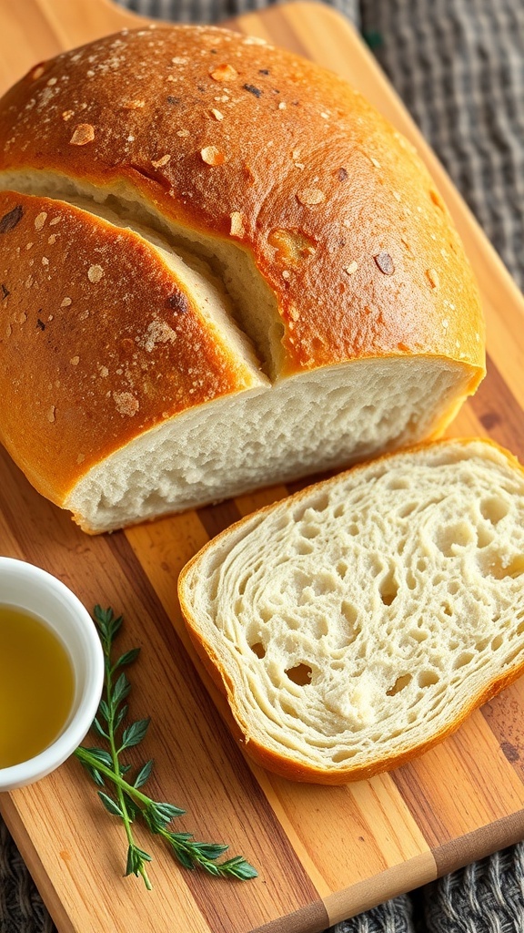 A golden crusty loaf of artisan bread on a wooden board with a slice cut out, served with olive oil.